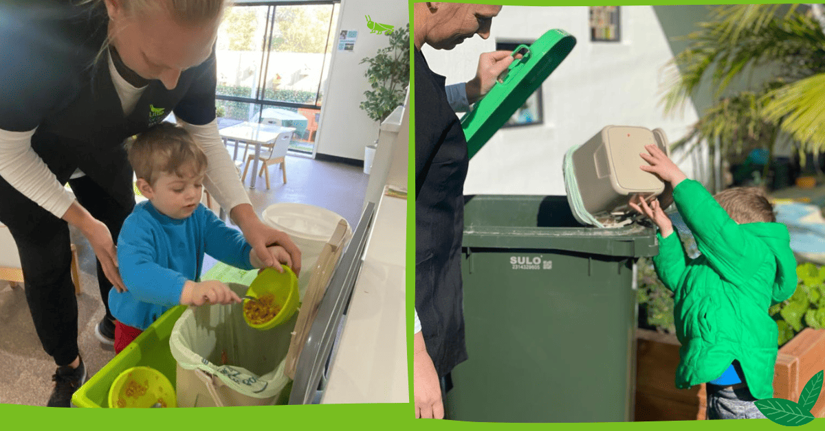 Little Grasshopper children recycling food scraps into green waste for compost.